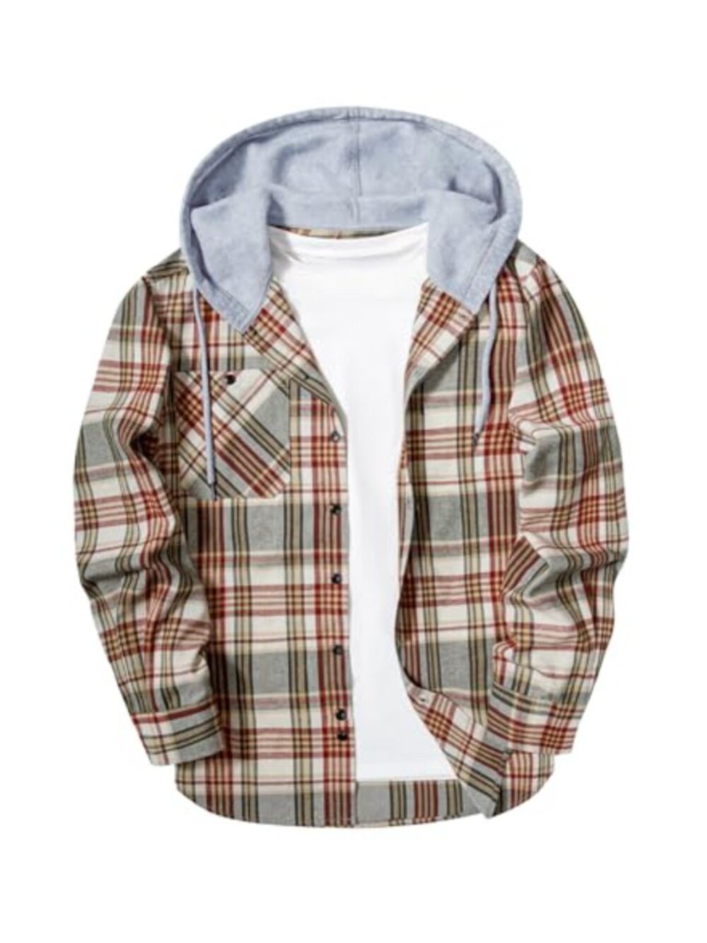 Men's Plaid Flannel Hoodie Button Down Long Sleeve Shirt Casual